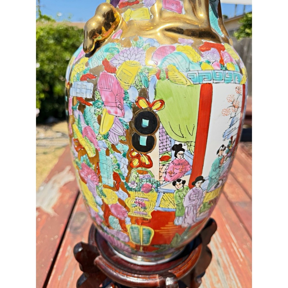 Chinese Porcelain Famille Rose Vase w/ Figures, Gilt/Gold, Red Seal, Stand